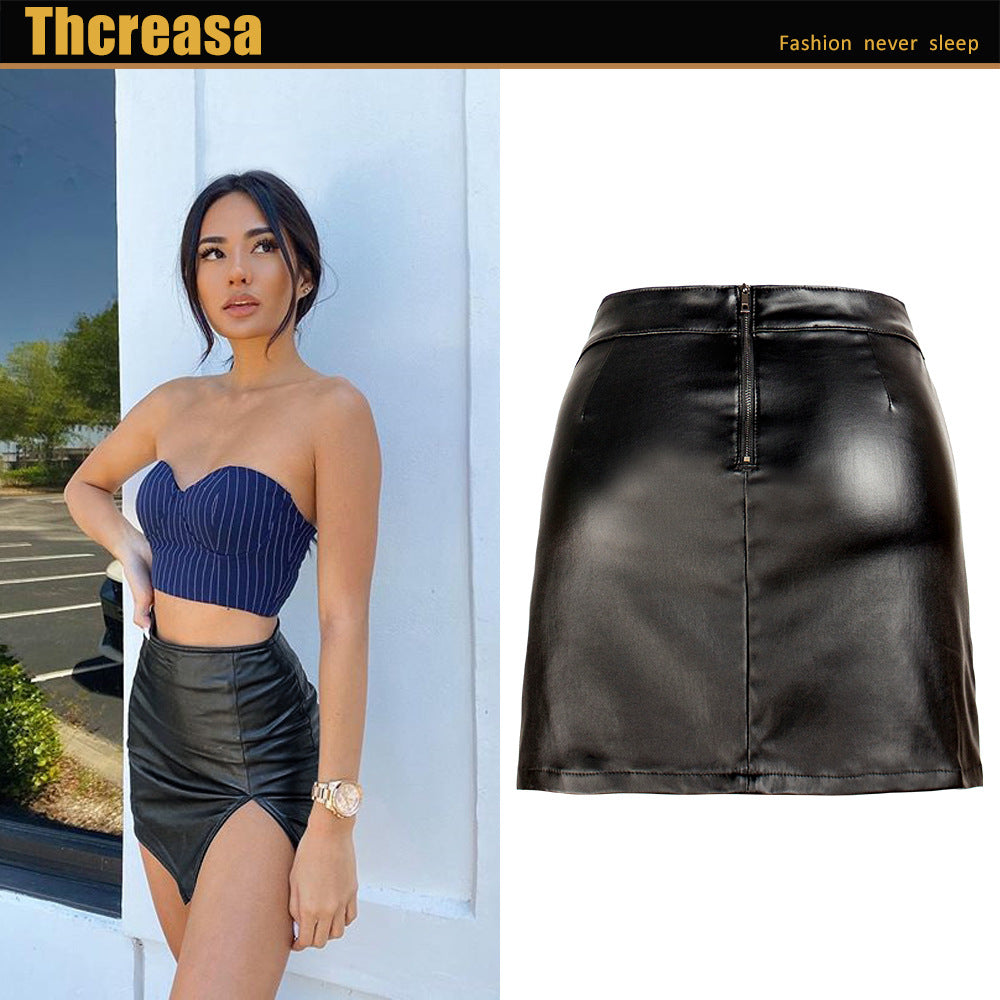 Women's Velvet Black PU Hip Skirt Slit Ladies High Waist Skirt Leather Skirt