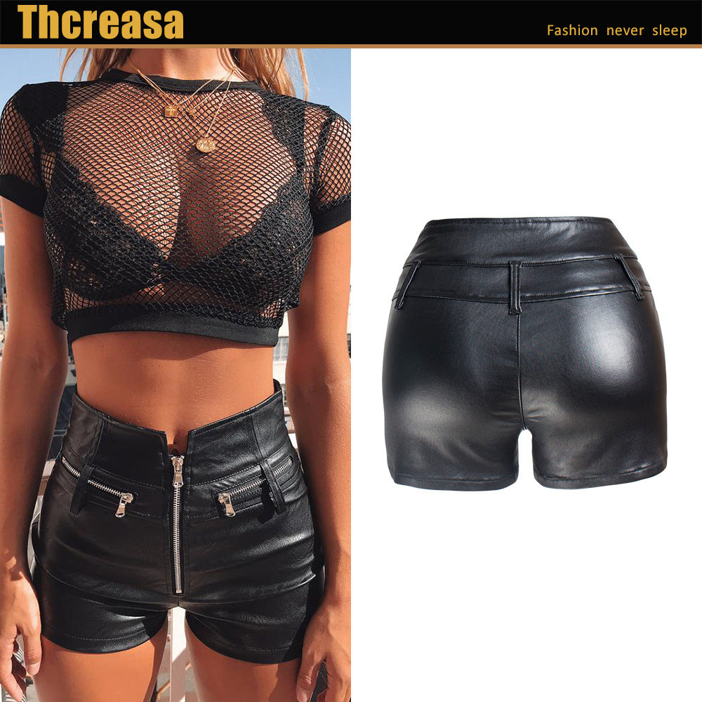 Leather Shorts High Waist Elastic Slim Fit Hip Lift Motorcycle PU Pants Women's Pants