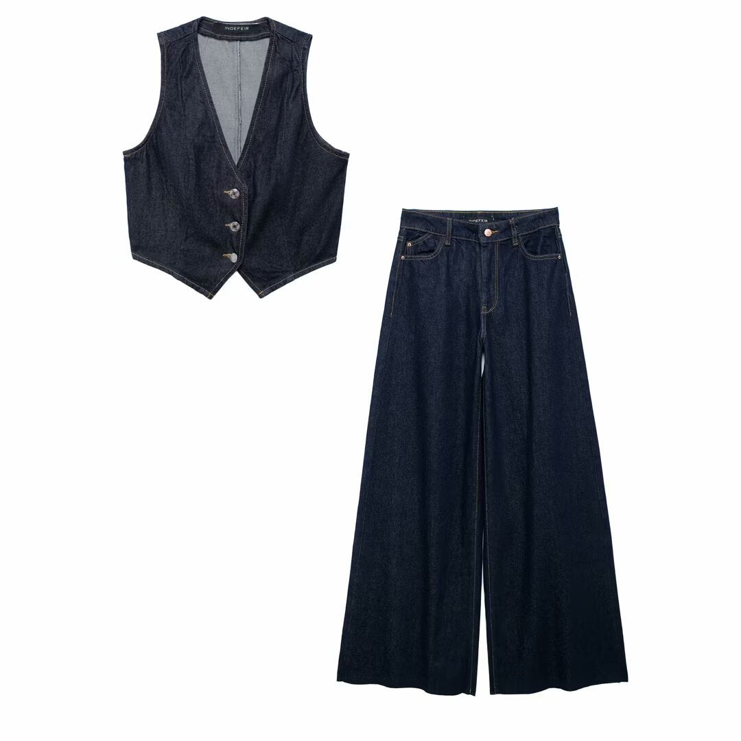 Vintage V-neck vest sleeveless short wide leg pants set