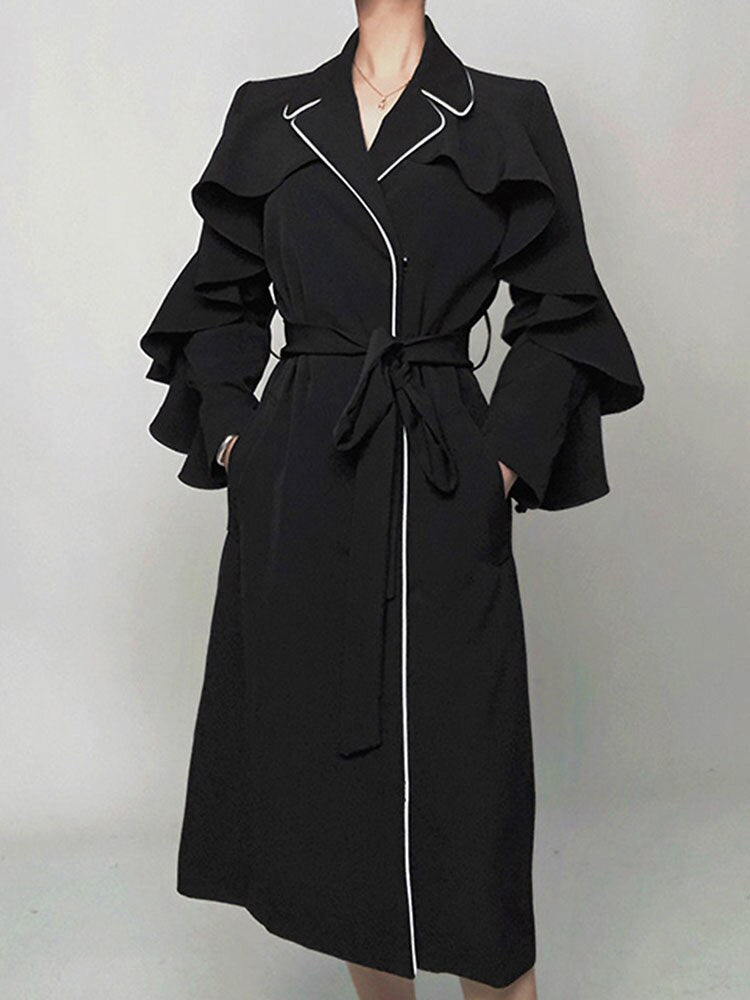 Woman Trench Coat Ruffles Flare Sleeve High Waist With Belt Elegant Super Long Outerwear Casual New Autumn Coat