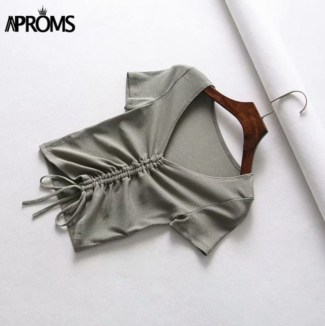 V Neck Cropped Tank Tops Women Drawstring Tie Up Front Camis Candy Colors Streetwear