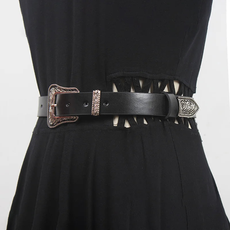 Black genuine leather star studded decorative belt, punk retro carved head, fashionable and versatile