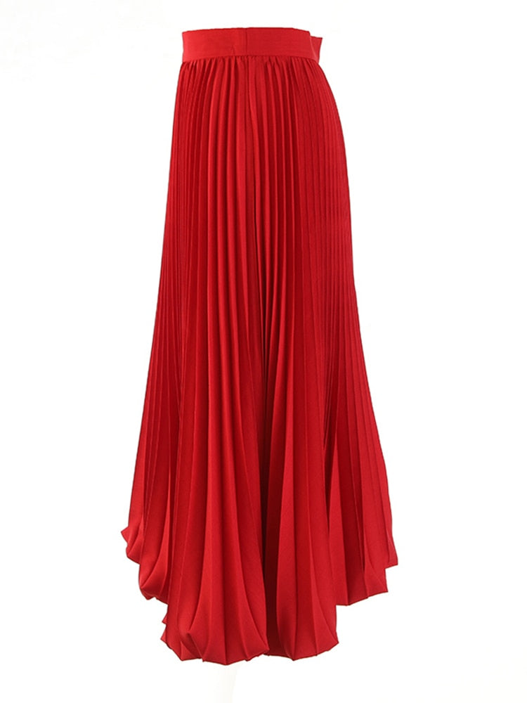 Red Ruched Skirt For Women High Waist A Line Irregular Hem Casual Designer Solid Midi Skirts Female Clothes Fashion