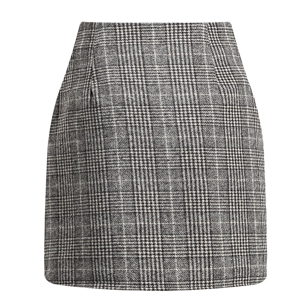 Women's high waisted plaid skirt tight pencil wool mini skirt