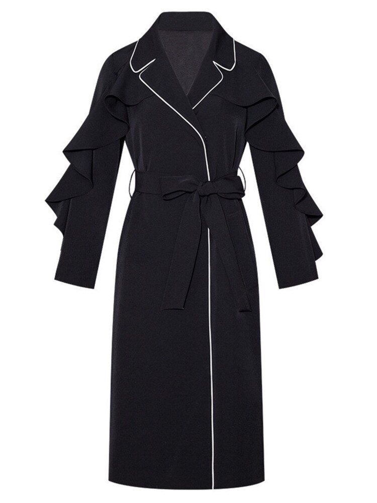 Woman Trench Coat Ruffles Flare Sleeve High Waist With Belt Elegant Super Long Outerwear Casual New Autumn Coat