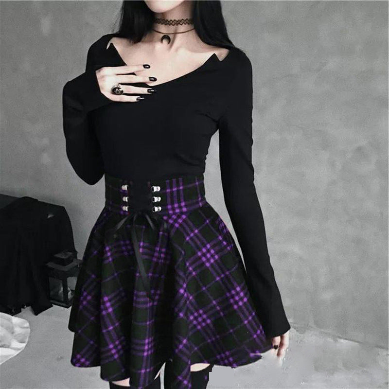 Plaid Print A Line Stitching Short Skirt Half Body Temperament Commuter Mid-Length Pleated Skirt College Style Skirt Lace Pleated Skirt