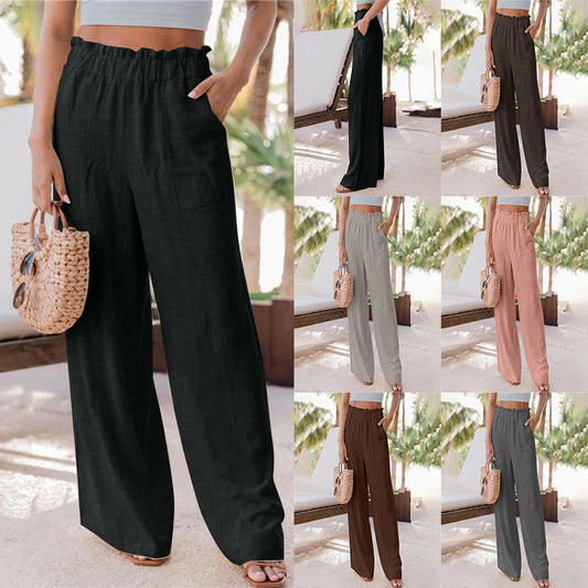 Summer New Women's Casual Pants Fashion Ruffled Patch Pocket Wide Leg Pants