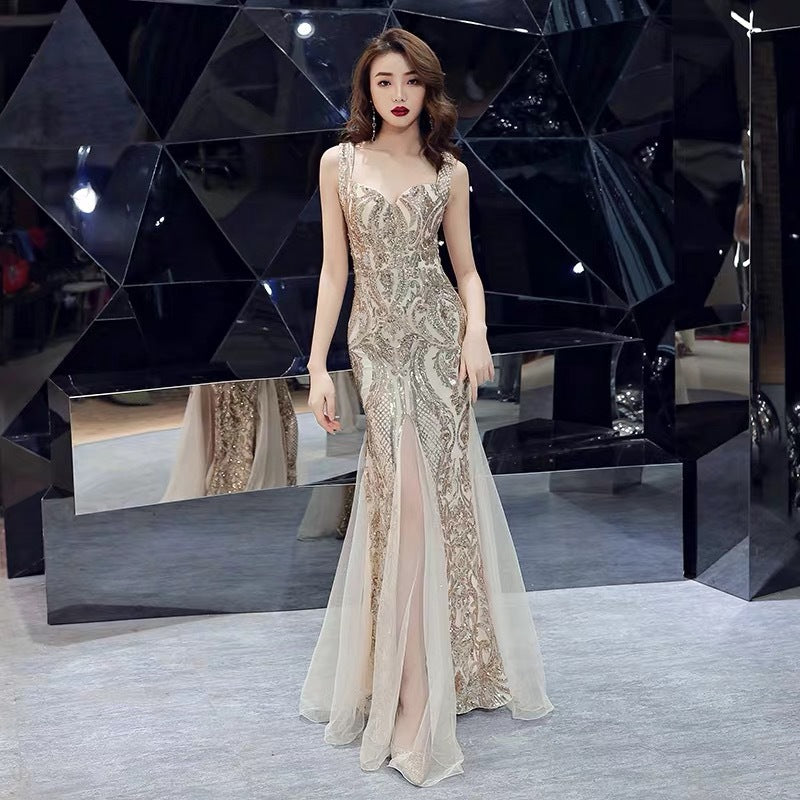 Toast Dress Red Bridal Fishtail Long Summer Dress Sequin Sling Evening Dress Banquet for Women