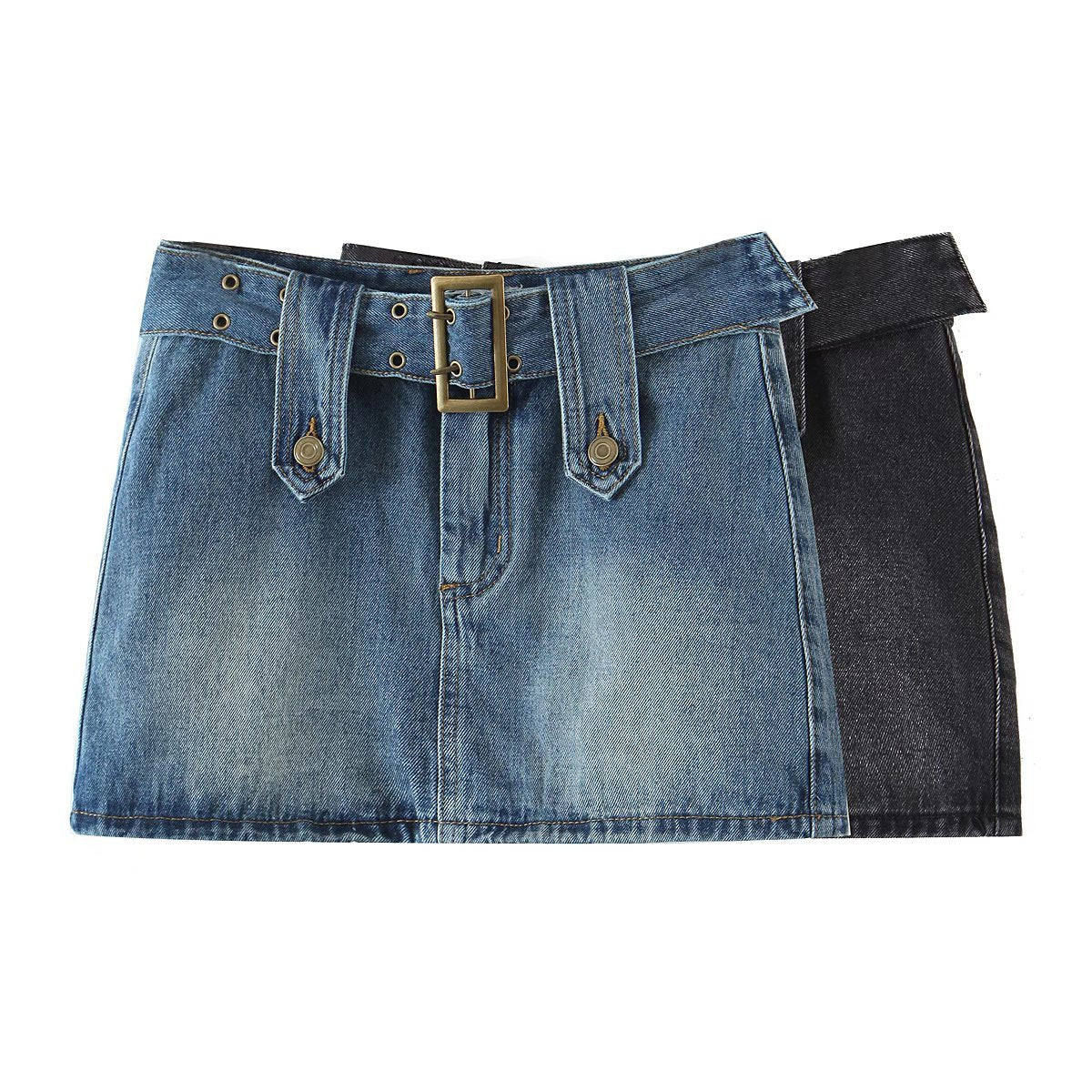 Summer New Fashion Retro Style Belt Old Washed Denim Skirt Women