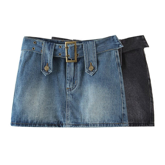 Summer New Fashion Retro Style Belt Old Washed Denim Skirt Women