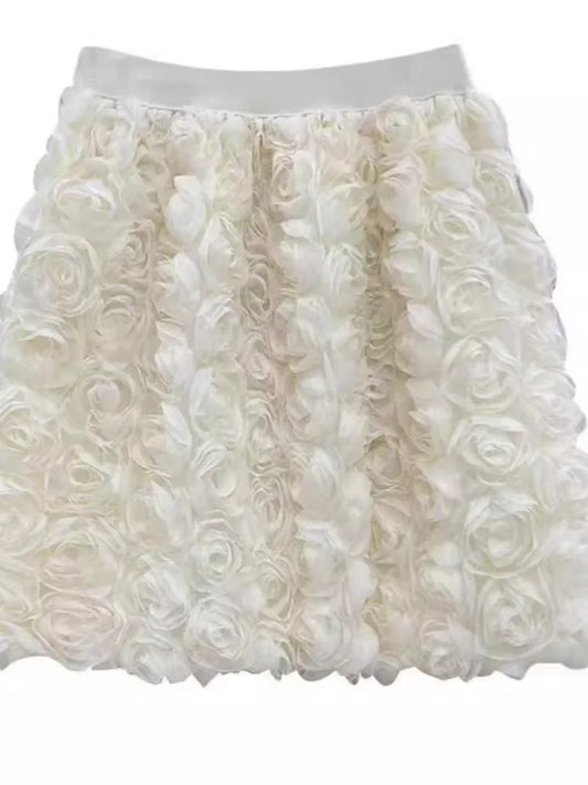 White high waisted three-dimensional rose decoration short skirt A-line hip hugging short skirt