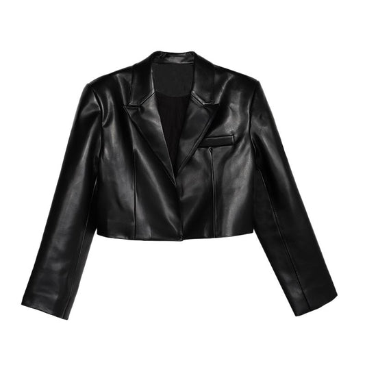 Black short high waisted small leather jacket women's explosive street high-end design fashionable jacket