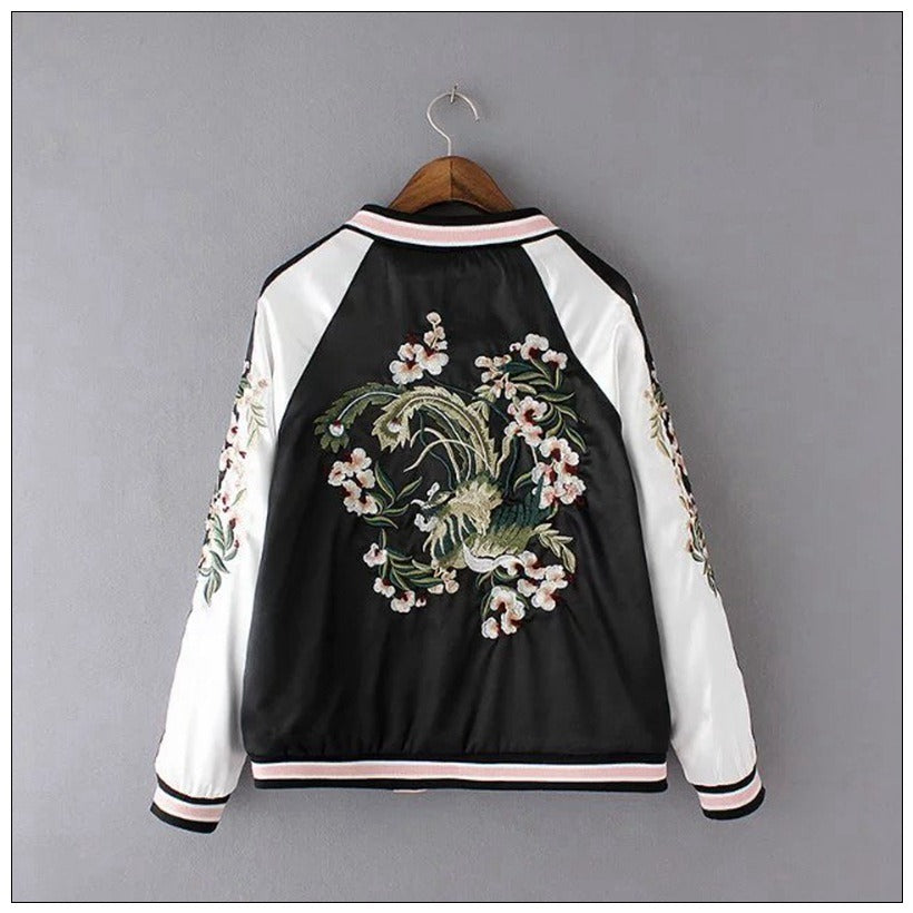 Spring and Autumn Women's Casual Double Wear Flower Embroidery Colored Stand up Neck Jackets Baseball Suit Jackets for Women