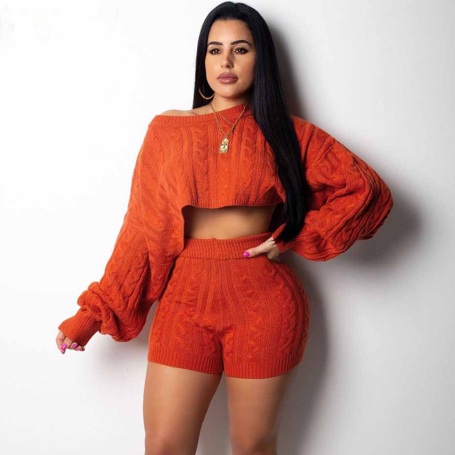 2 Two Piece Set Women Clothes Autumn Winter Outfits Long Sleeve Knit Sweater Tops+Bodycon Shorts Suit Sexy Matching Sets