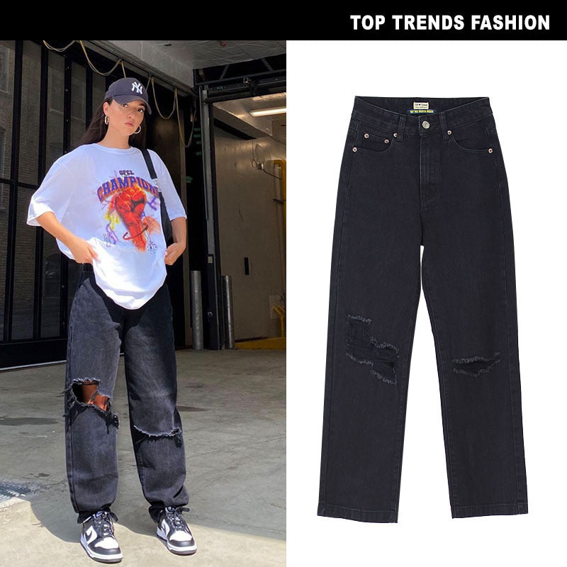 Women's High Waist Straight Cool Black Loose Denim Pants