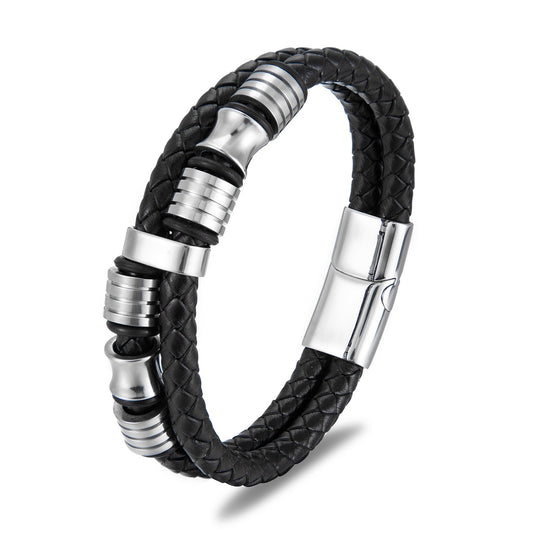 Black leather stainless steel men's bracelet