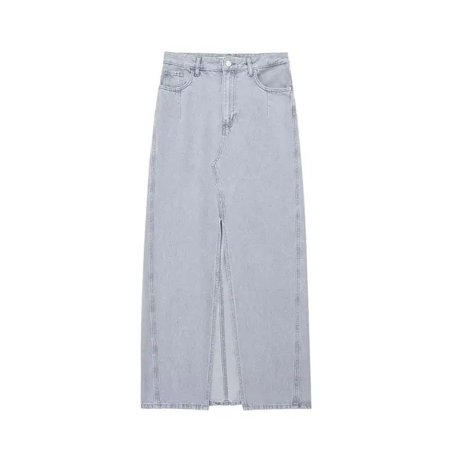 Autumn Fashion Zipper Side Bag A-Line High Waist Women's Fishtail Skirt Denim Women's Extra Long Front Slit Casual Skirt