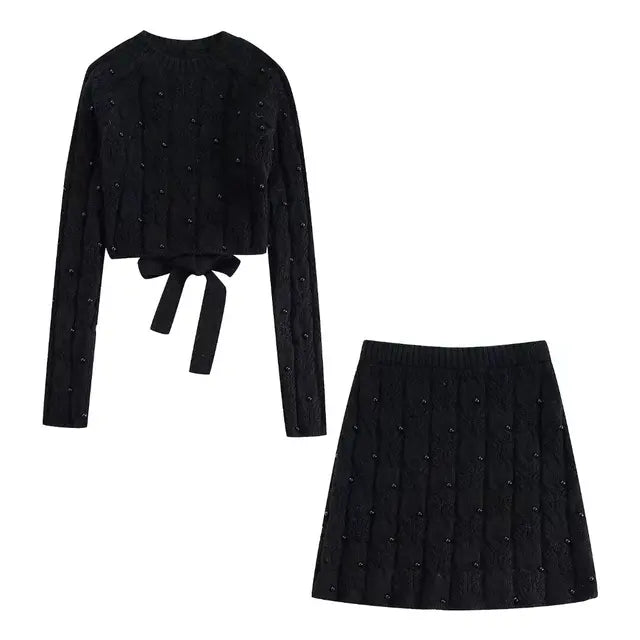 Chic Long Sleeve Knitted Sweater Lace up O-Neck Pullover Woman Vintage High Waist A-LINE Skirts