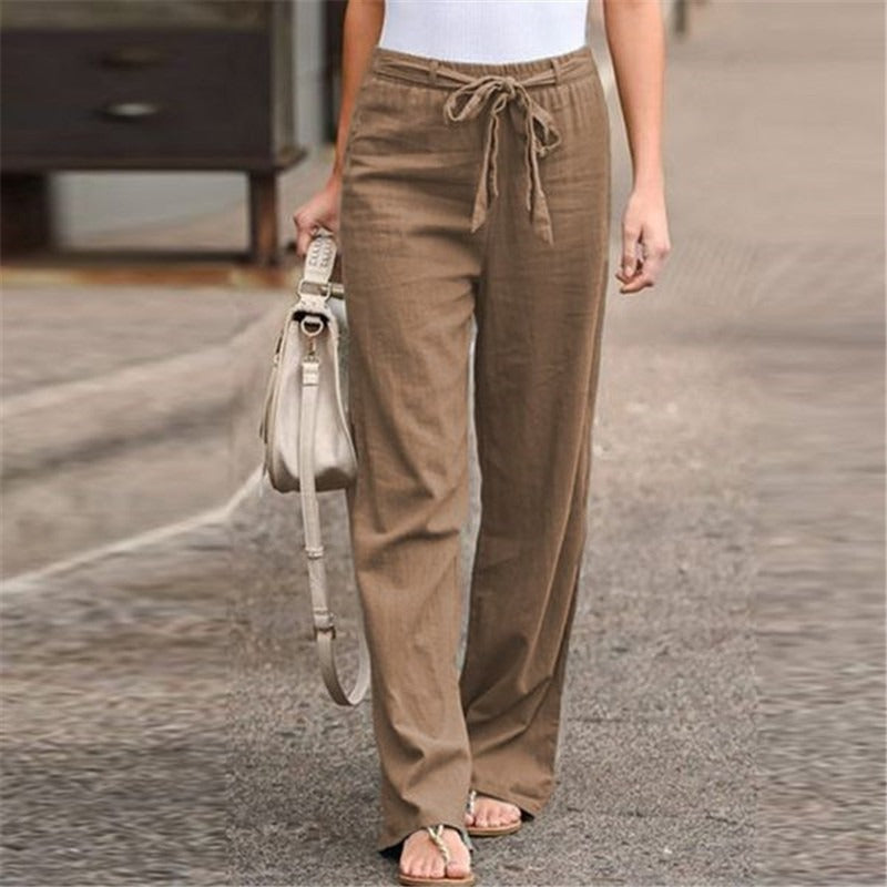 Summer Elastic Waist Solid Cotton Hemp Wide Leg Pants for Women