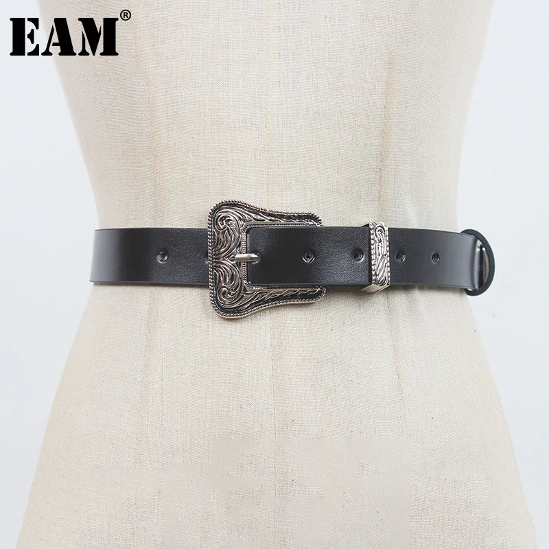 Black genuine leather star studded decorative belt, punk retro carved head, fashionable and versatile