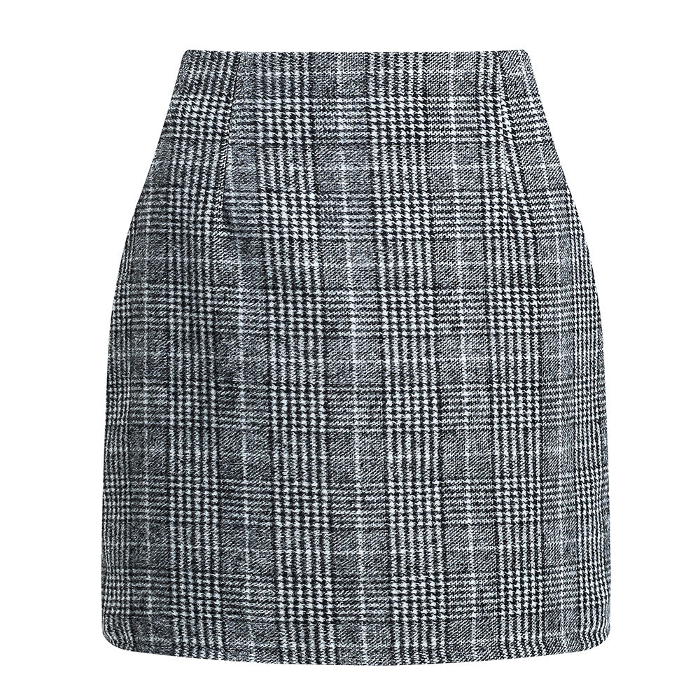 Women's high waisted plaid skirt tight pencil wool mini skirt