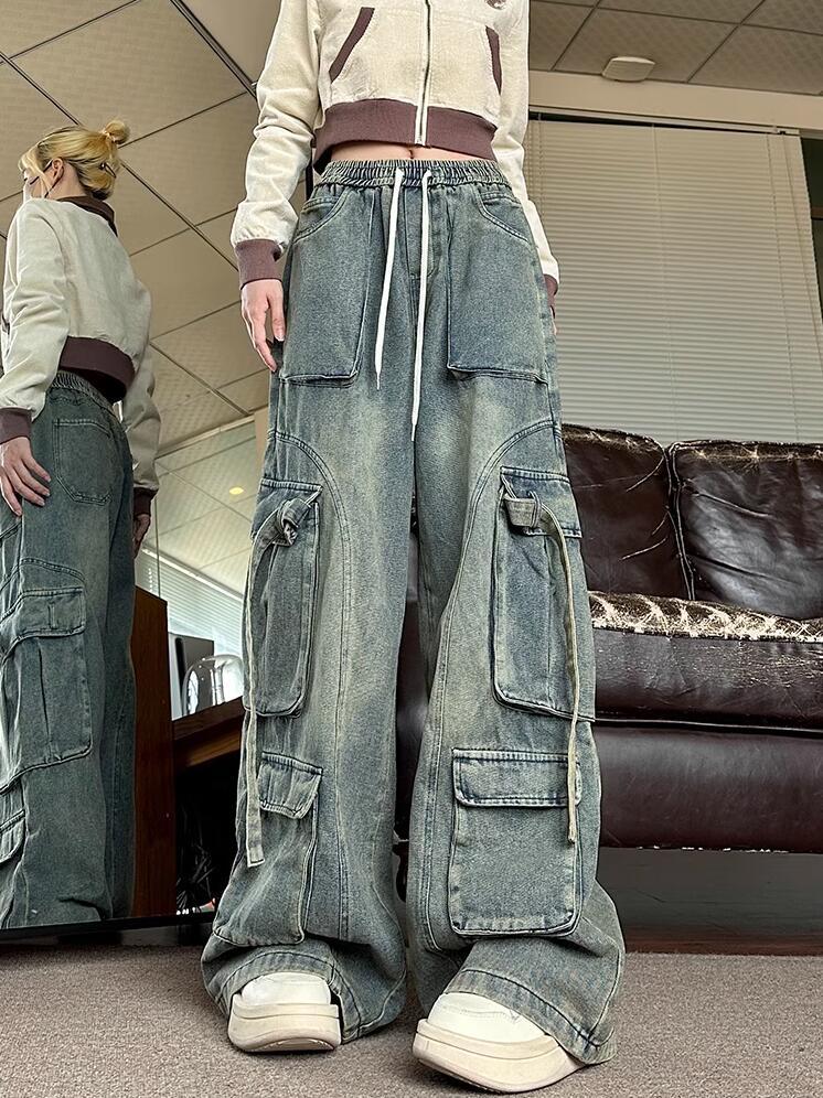 Women's Blue Cargo Jeans Vintage Y2k Oversize Denim Trousers Emo  Harajuku High Waist Cowboy Pants Trashy Clothes