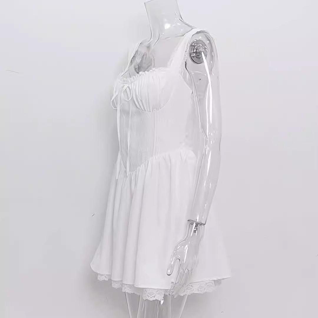 Lace patchwork suspender dress with waistband and backless white dress for women