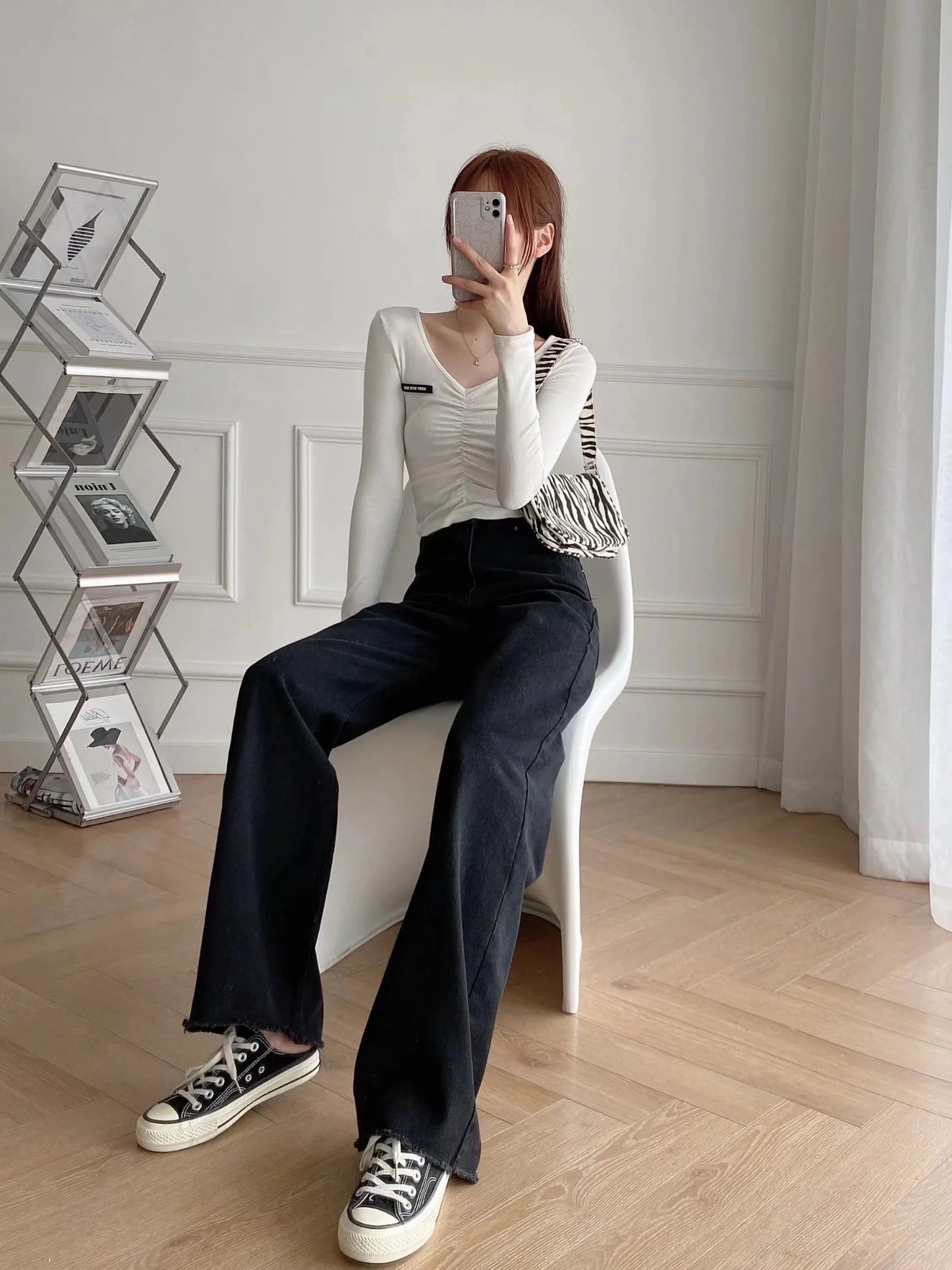 Woman High Waist England Street Vintage Wide Leg Pants BurrsJeans For Women Boyfriend