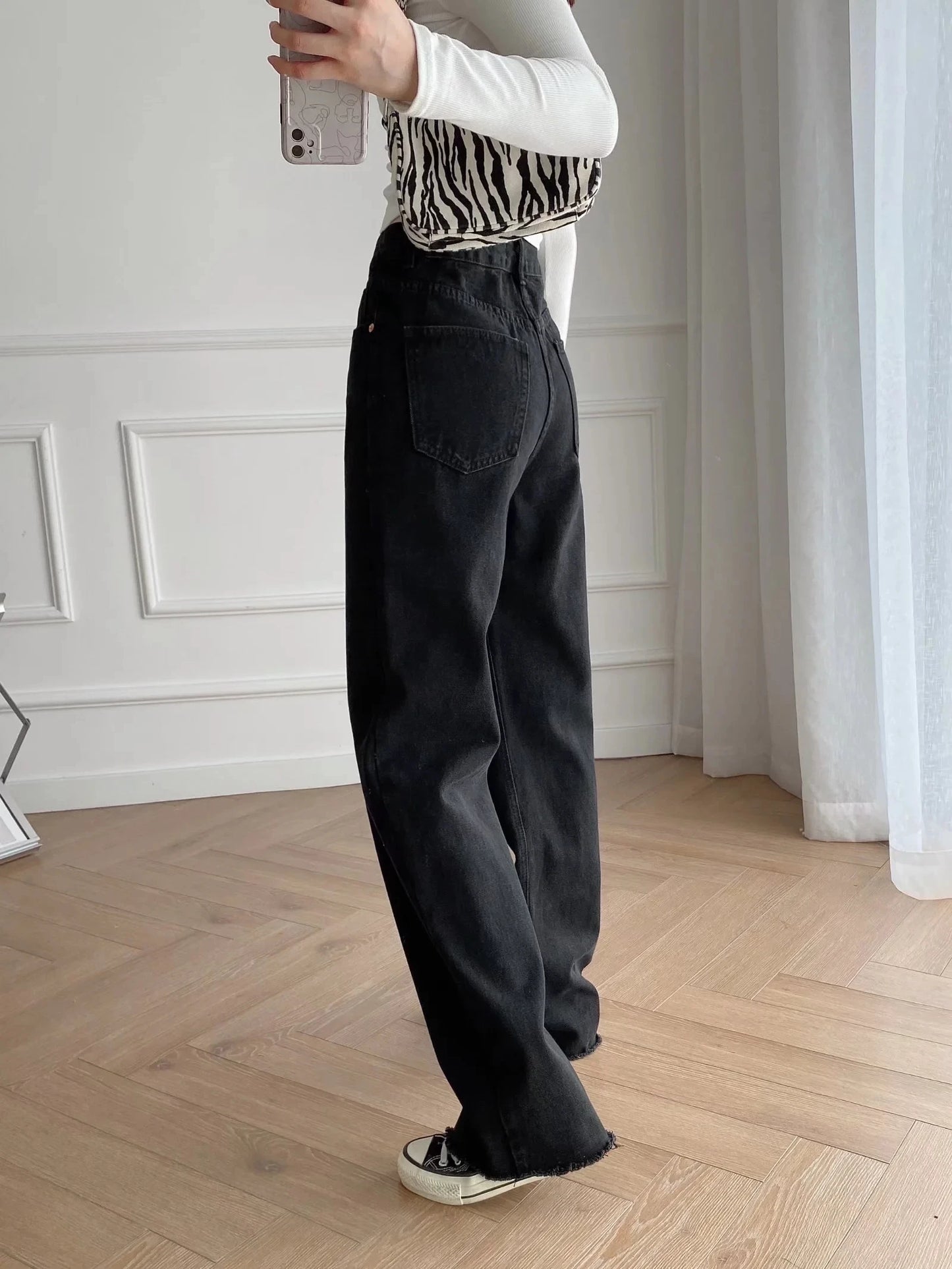 Woman High Waist England Street Vintage Wide Leg Pants BurrsJeans For Women Boyfriend