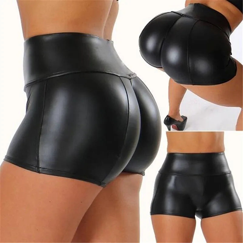 Sexy Nightclub Leather Shorts Women High Waist Stretch Push Up Black Short Leather Pants Sports Fitness Female Sexy Slim Shorts