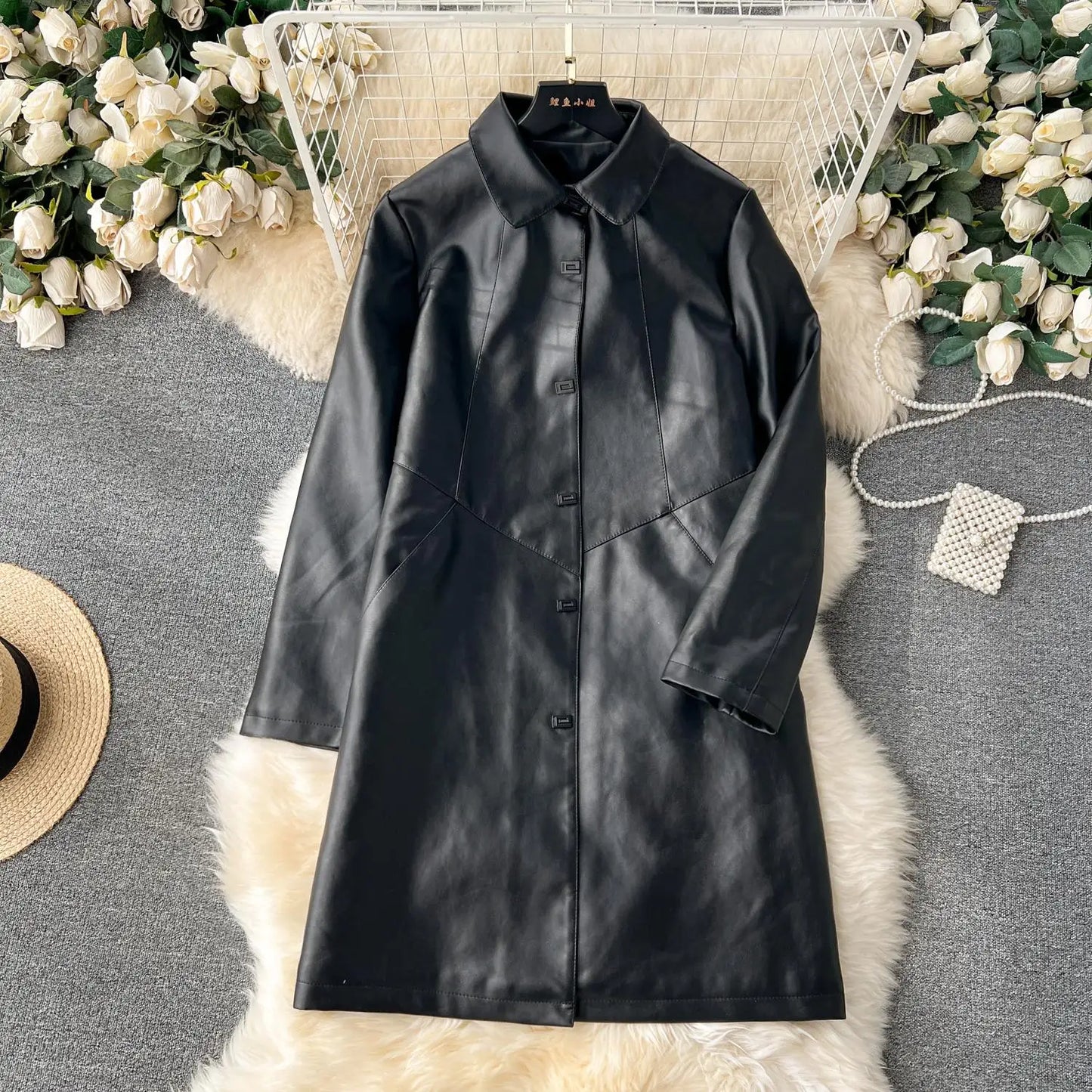 Leather Long Jacket Christmas Women Autumn Winter Long Sleeve High Street Female Outerwear Single Breasted Thick Cotton PU Coats