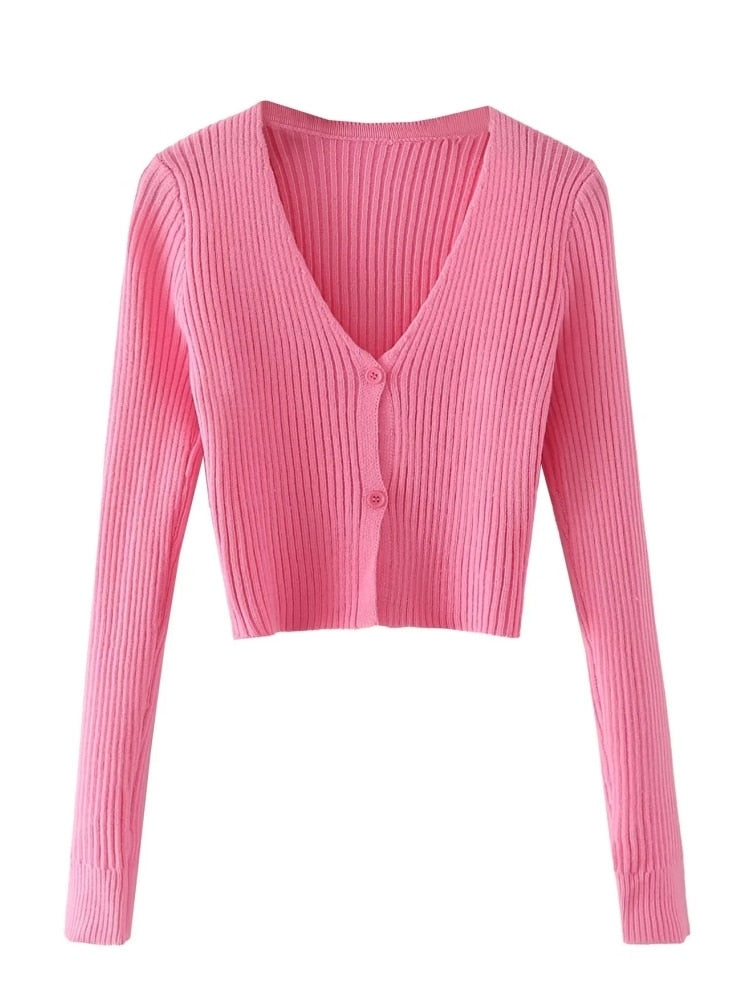 New Women's Pink Knitting V-Neck Long Sleeve Casual Slim Fit Short Sweater+Split Mini Skirt