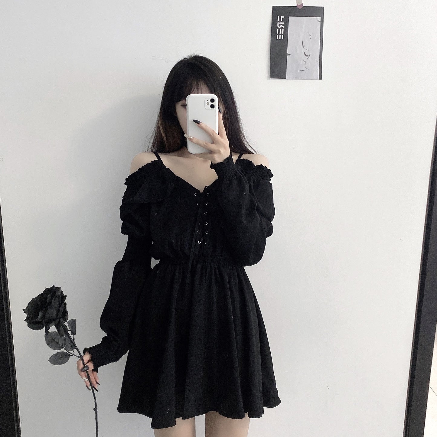 Lace-Up Dress Ins Dark Black Suspender Straps Off-Shoulder Waist Slim Hepburn Style Little Black Dress