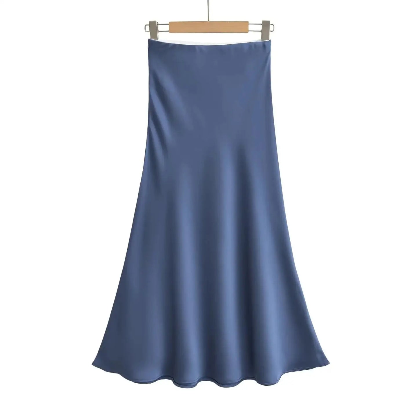 Women Elegant Satin Midi Skirts Slim Black Blue Skirt