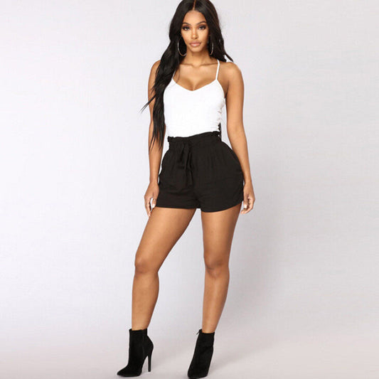 Womens High waist Shorts Elastic Waist Belt Bandage Solid Shorts Female Beach Loose Shortpants