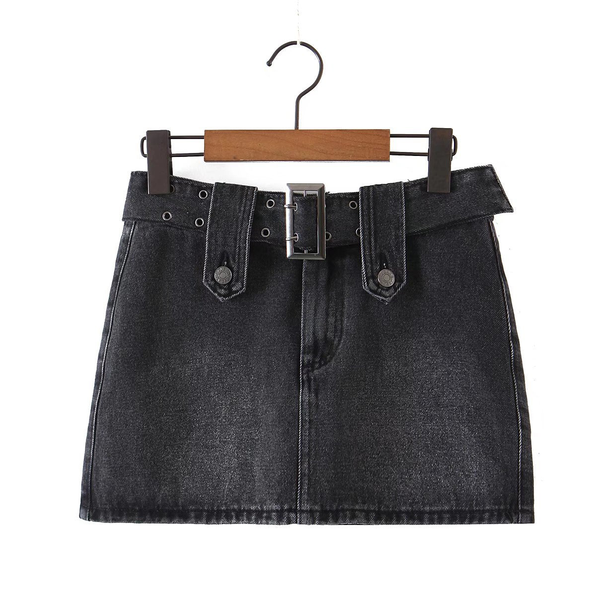 Summer New Fashion Retro Style Belt Old Washed Denim Skirt Women