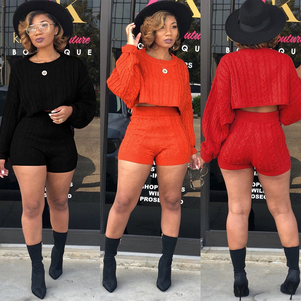 2 Two Piece Set Women Clothes Autumn Winter Outfits Long Sleeve Knit Sweater Tops+Bodycon Shorts Suit Sexy Matching Sets