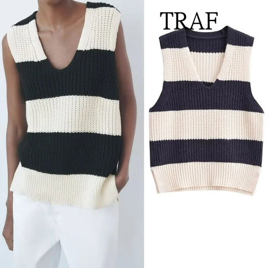 TRAF Striped Women Vest  Autumn Fashion Sleeveless Crop Tops Women knitted Vintage Top Streetwear Girl Casual Sweater Vests