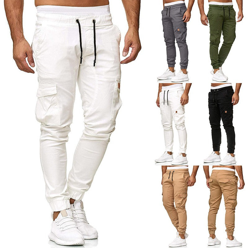 Casual pants men's multi pocket sports pants solid color running pants work pants