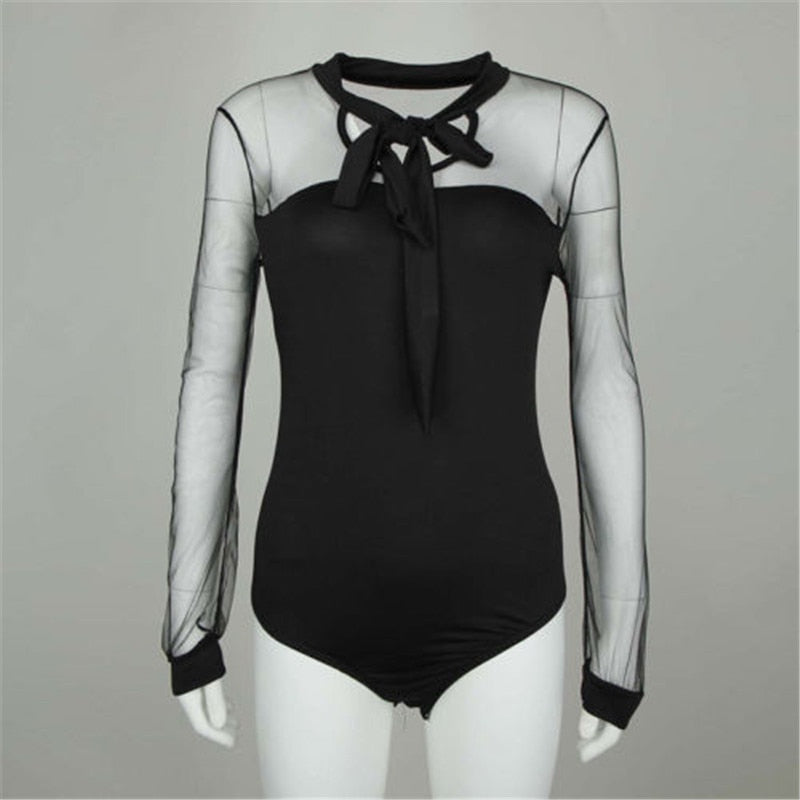 Summer Bodysuit Women Sexy Bow Black Mock Neck Patchwork Long Sleeve Bodysuit Transparent Tops