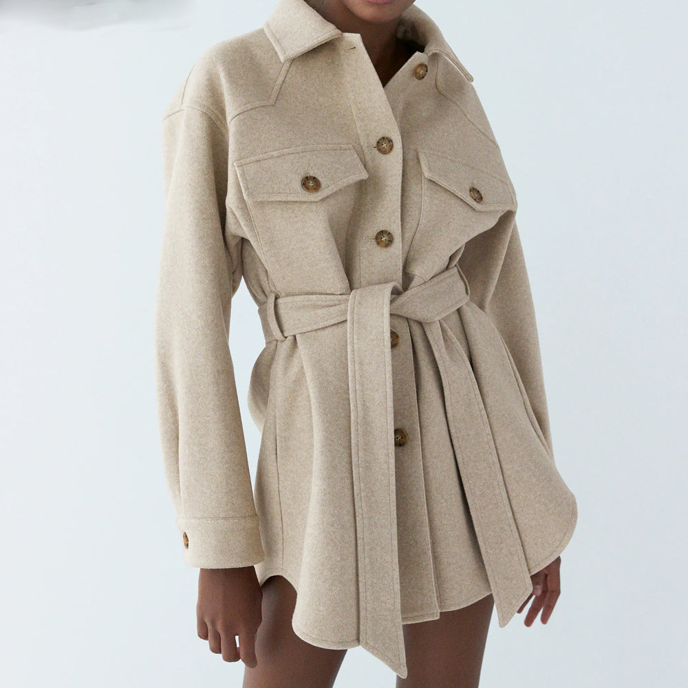 Fashion With Belt Loose Woolen Jacket Coat Vintage Long Sleeve Side Pockets Female Outerwear Chic Overcoat