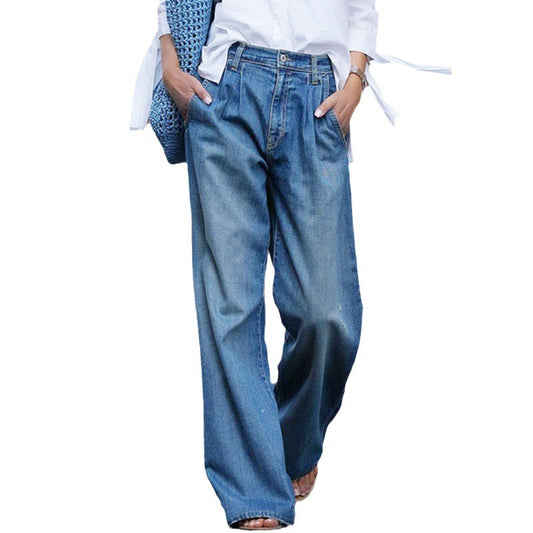 Retro jeans, women's new high waisted slimming wide leg pants, loose floor mop pants, denim pants