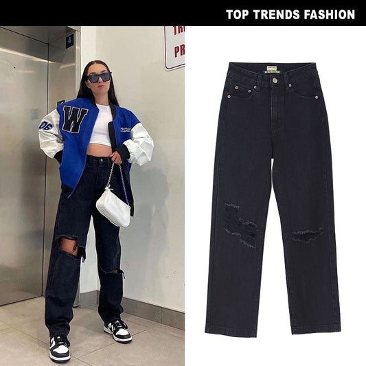 Women's High Waist Straight Cool Black Loose Denim Pants