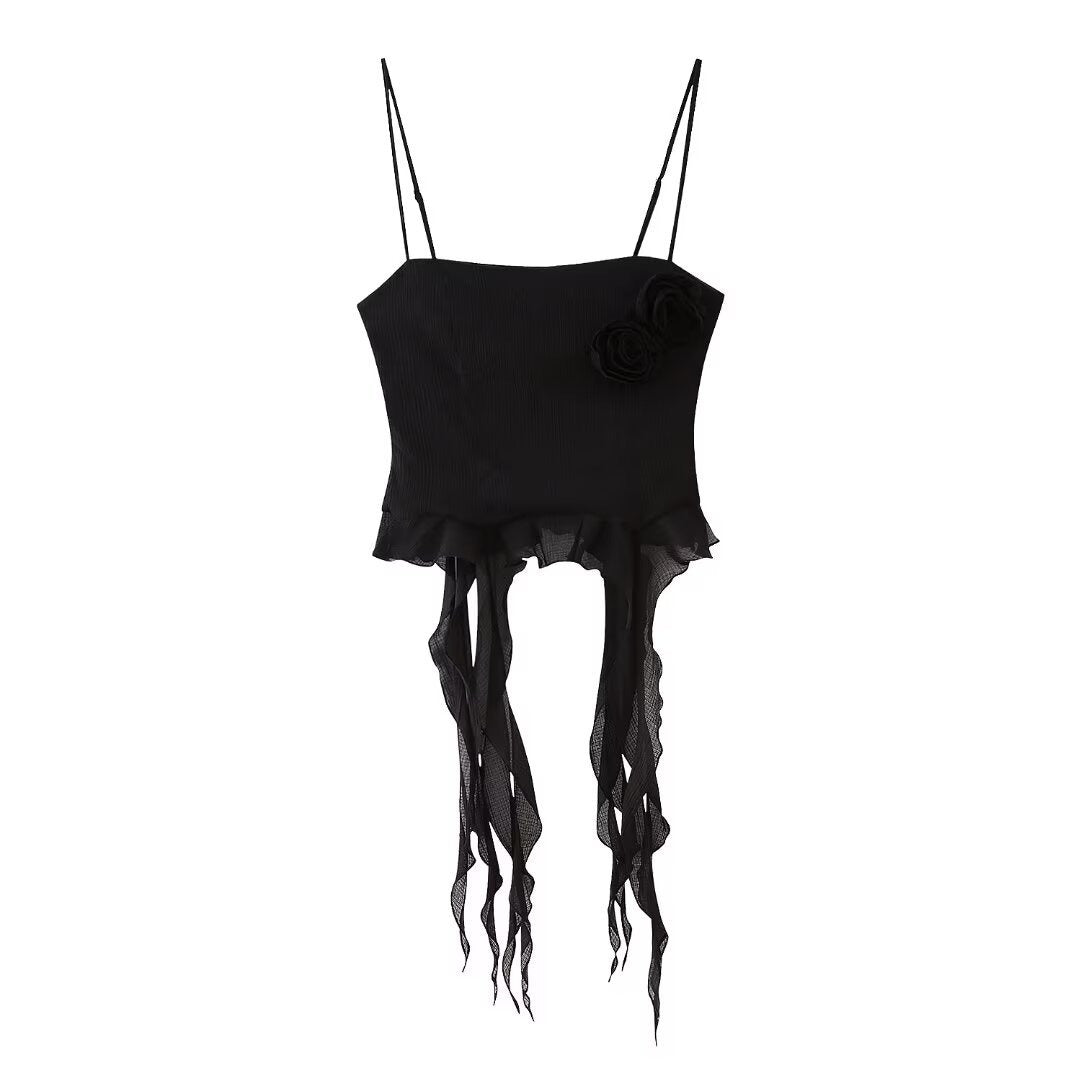 European and American summer new style low neck sleeveless raised black chiffon cotton suspender for women