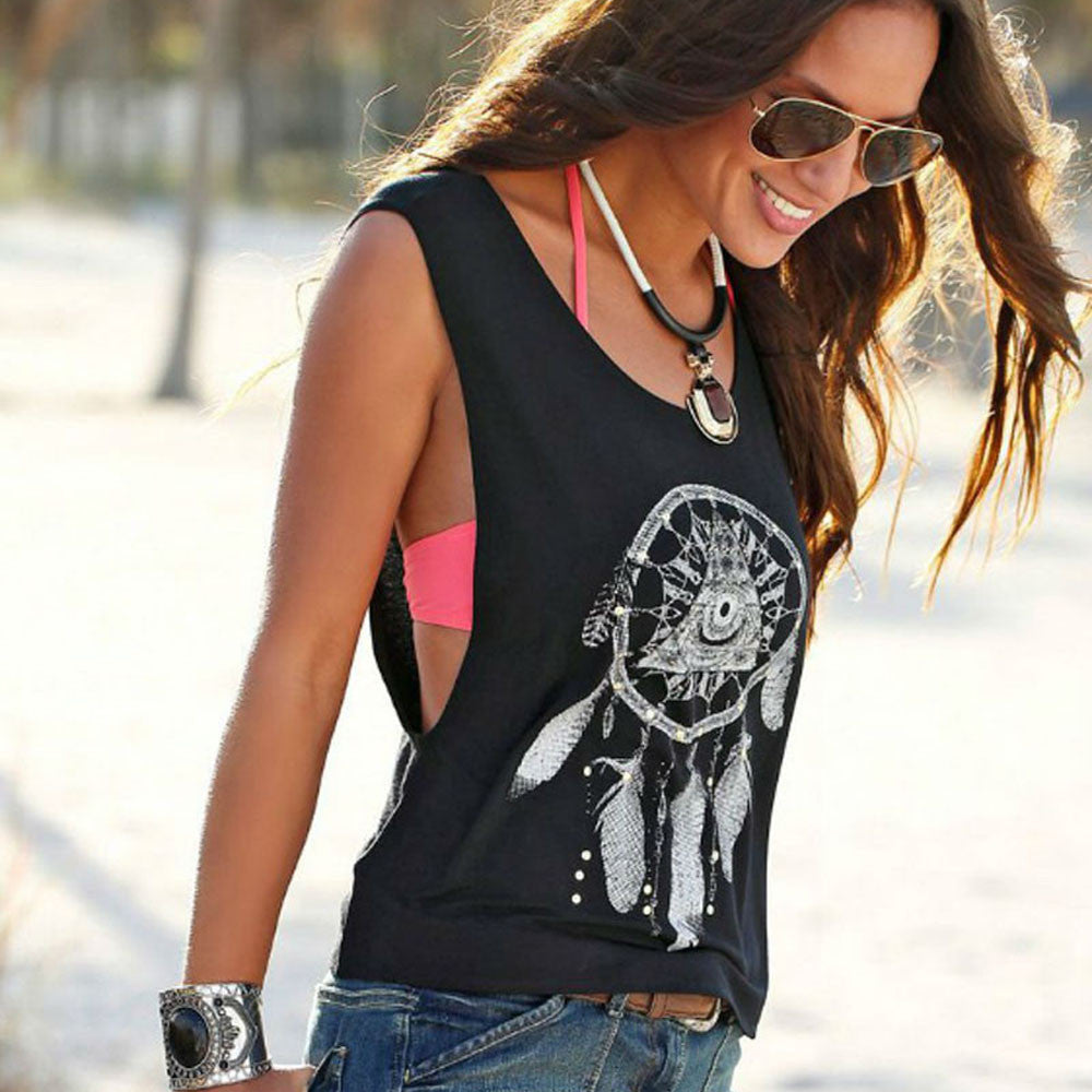 Sexy Women Tank Tops Short Vest Dreamcatcher Printed Sleeveless Summer New Black O-Neck Crop Top Casual Cool Girl Hip Hop Tees