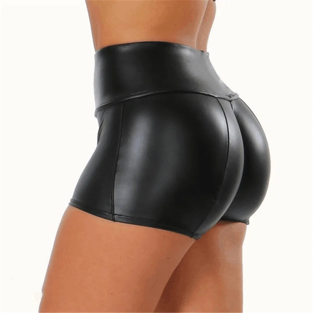 Sexy Nightclub Leather Shorts Women High Waist Stretch Push Up Black Short Leather Pants Sports Fitness Female Sexy Slim Shorts