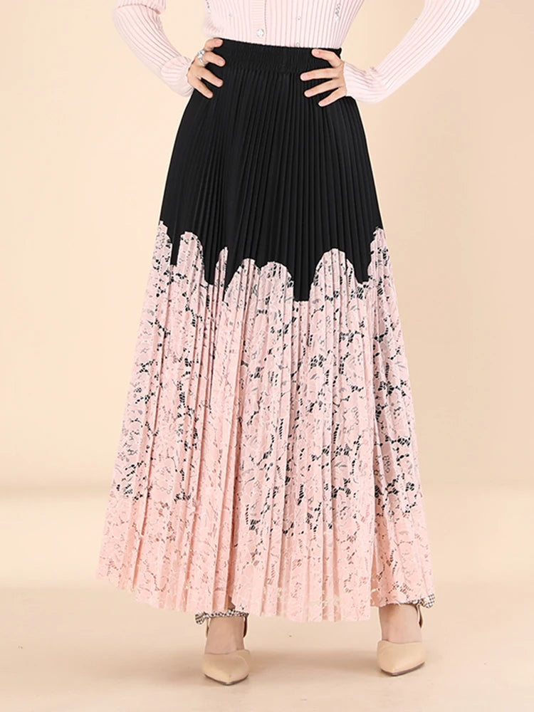 Lace Spliced Printing Pleated Skirts For Women High Waist Loose Causal Colorblock Skirt Female Fashion New Clothes