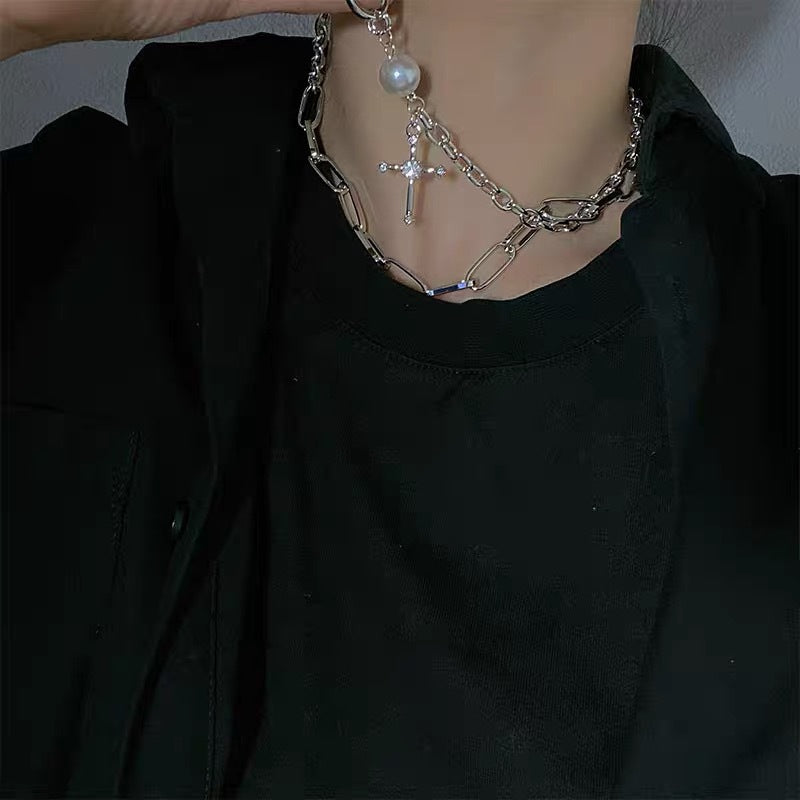 Metal Rhinestone Cross Pearl Punk Necklace Texture Collarbone Chain Male Choker Necklace for Woman