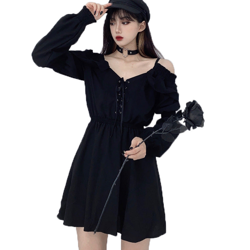 Lace-Up Dress Ins Dark Black Suspender Straps Off-Shoulder Waist Slim Hepburn Style Little Black Dress