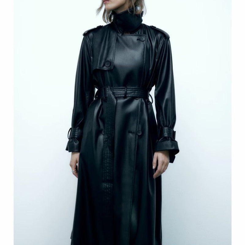 Autumn Winter Overcoat Women  Solid Color Belted Faux Leather Long Trench coat Female Outerwear